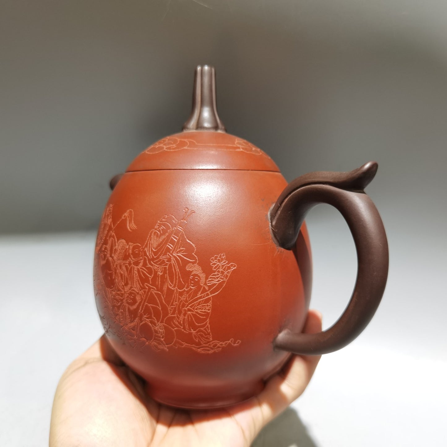 A2362 Chinese Yixing Zisha Clay Eight Taoism Deity Teapot w Artist Signed