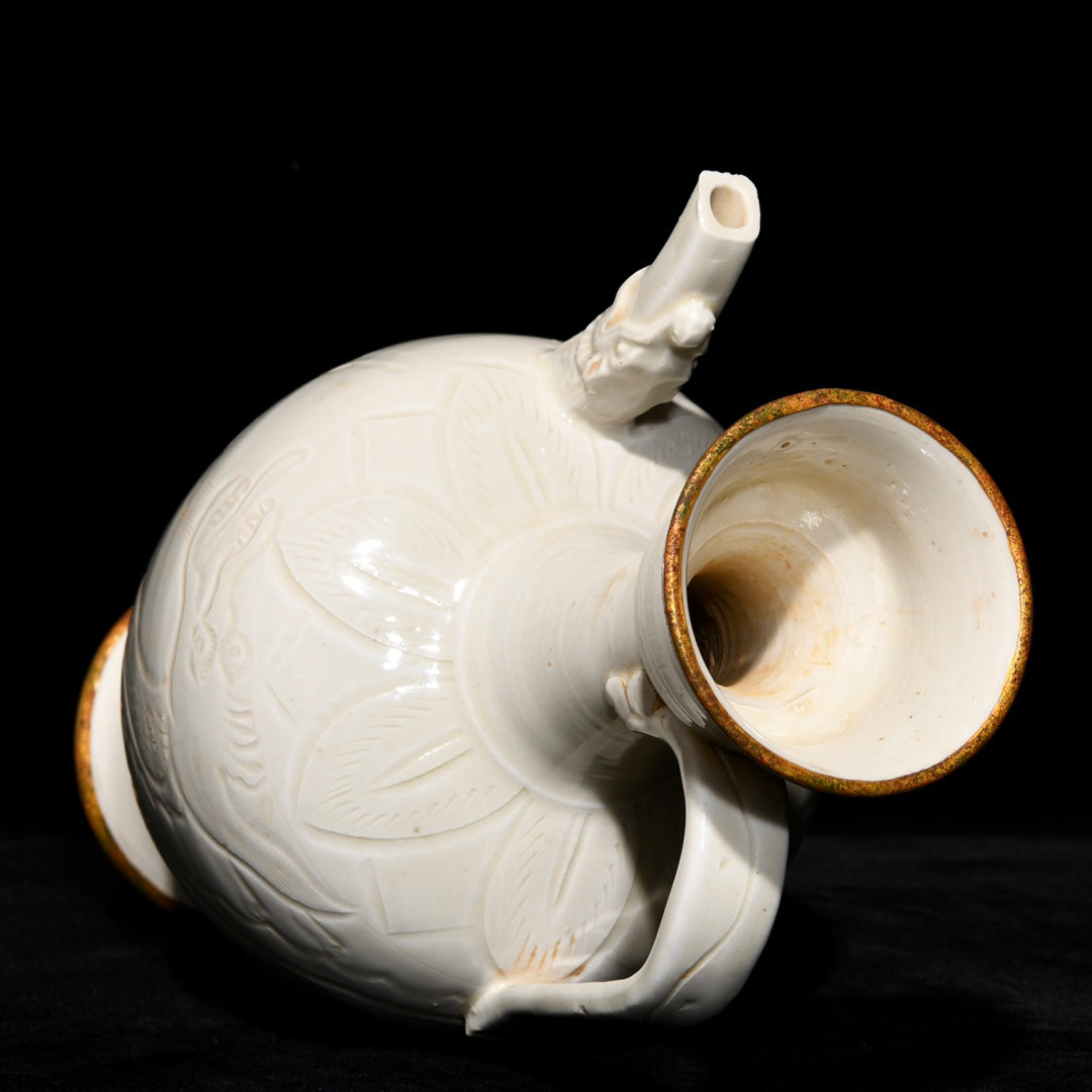 A2373 Chinese Ding Kiln White Glaze Fortune Dragon Design Porcelain Wine Pot