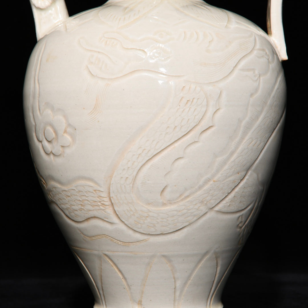 A2373 Chinese Ding Kiln White Glaze Fortune Dragon Design Porcelain Wine Pot