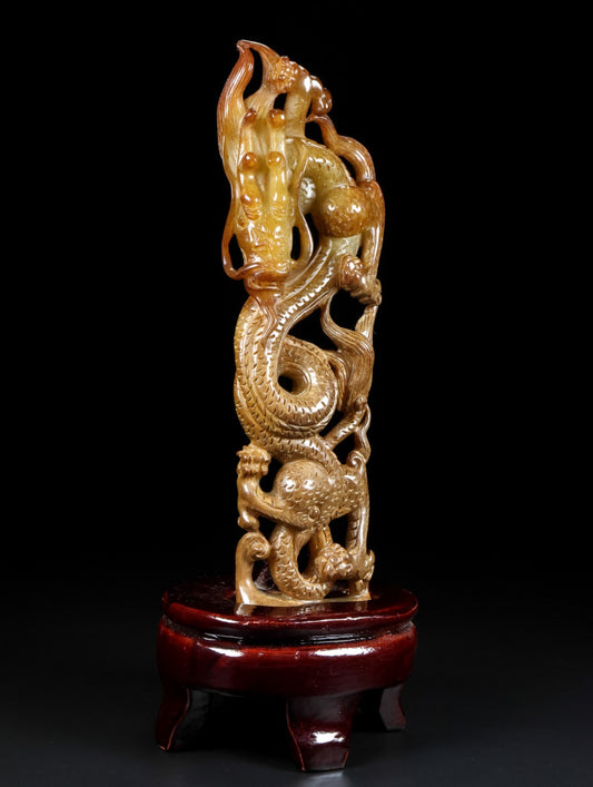 A2397 Vintage Chinese Hetian Jade Carved Fortune Dragon Statue