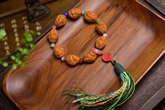 A2416 Hand Woven Olive Nut Carved Laughing Buddha Beads Bracelet
