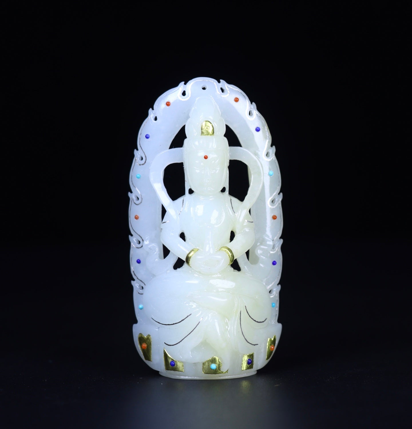 A2417 Superb Chinese Gilt Gold White Hetian Jade Carved Kwan-yin Pendant