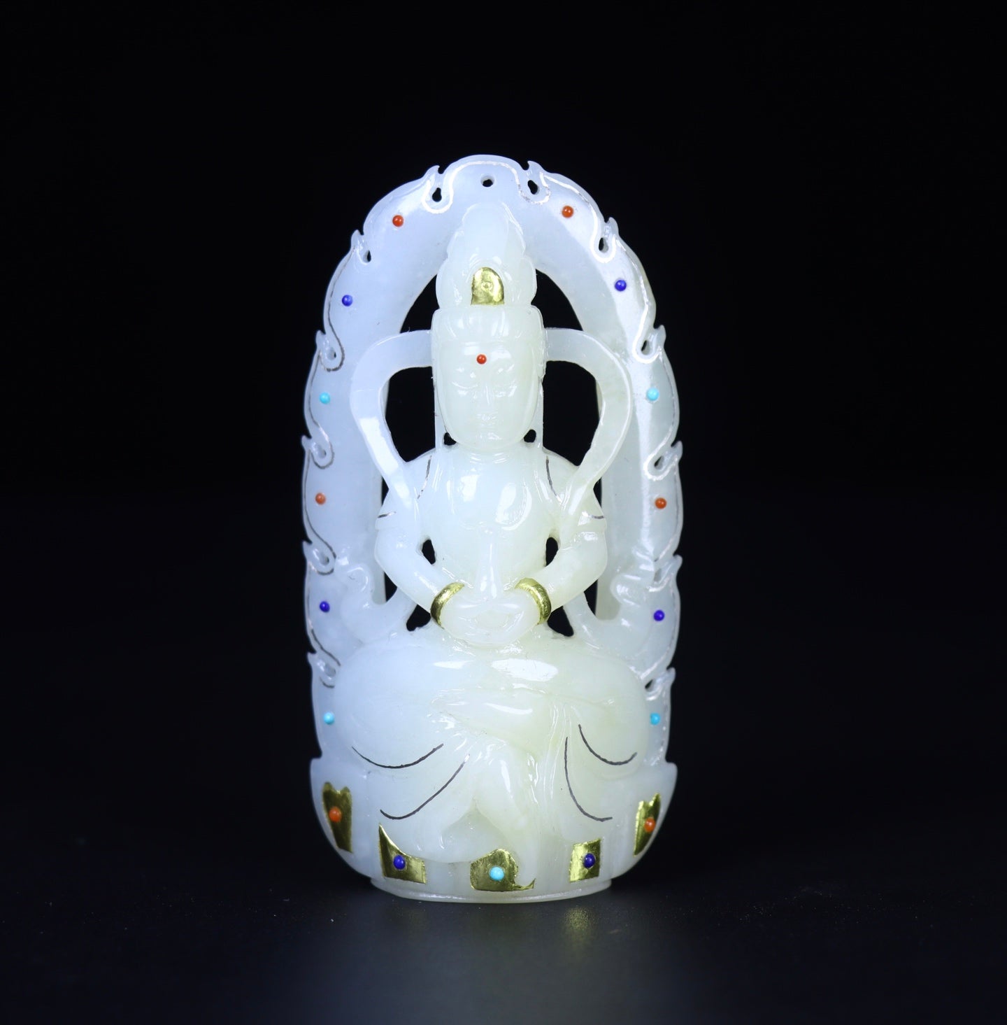 A2417 Superb Chinese Gilt Gold White Hetian Jade Carved Kwan-yin Pendant