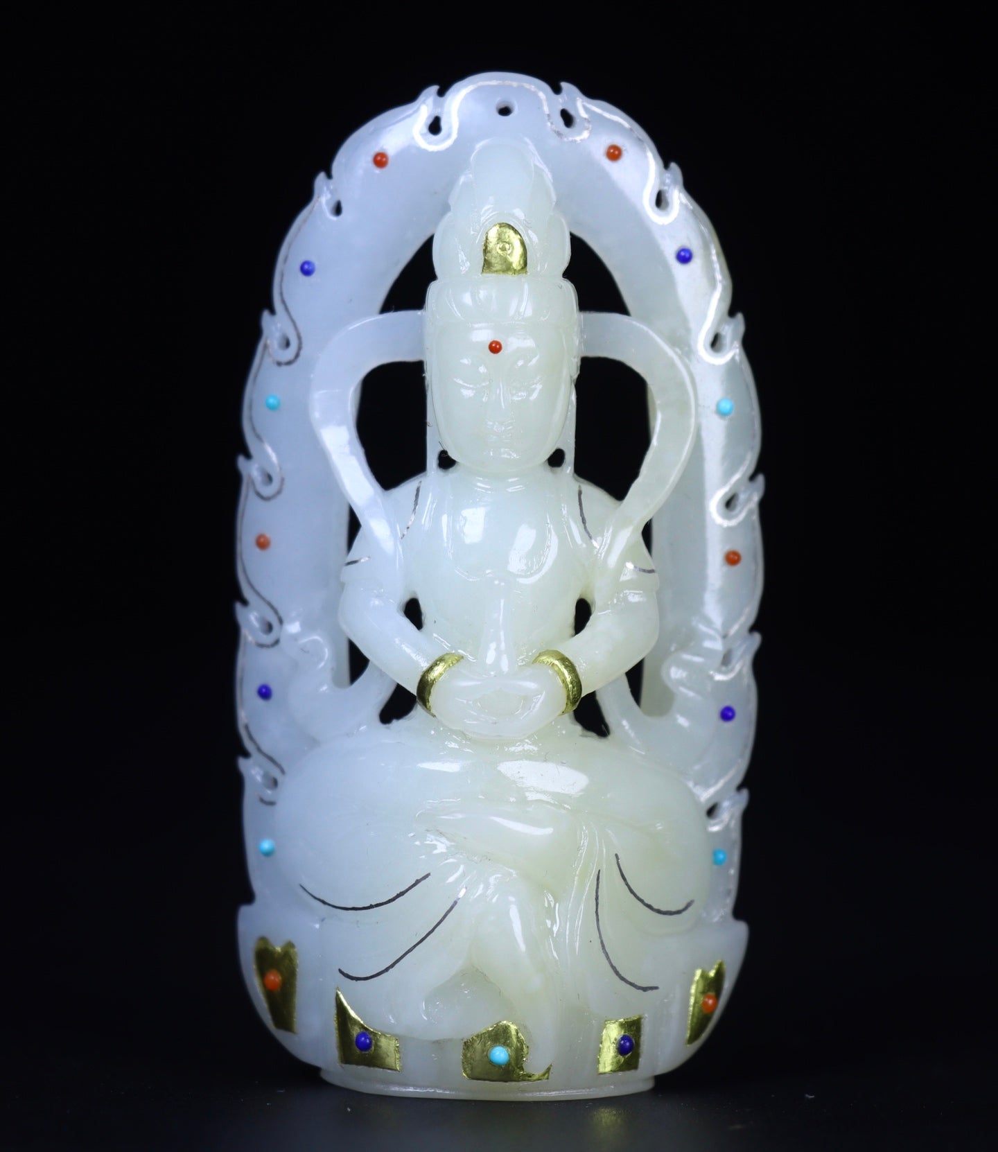 A2417 Superb Chinese Gilt Gold White Hetian Jade Carved Kwan-yin Pendant