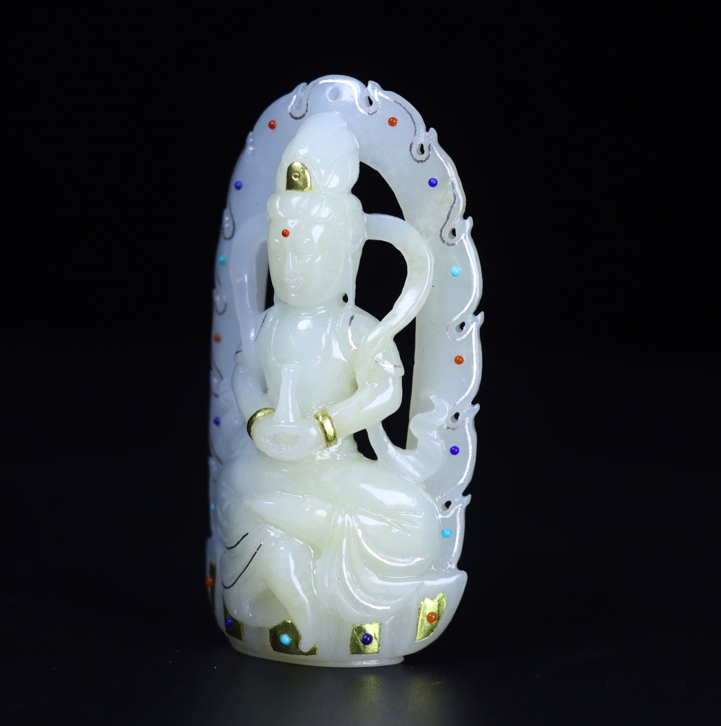 A2417 Superb Chinese Gilt Gold White Hetian Jade Carved Kwan-yin Pendant