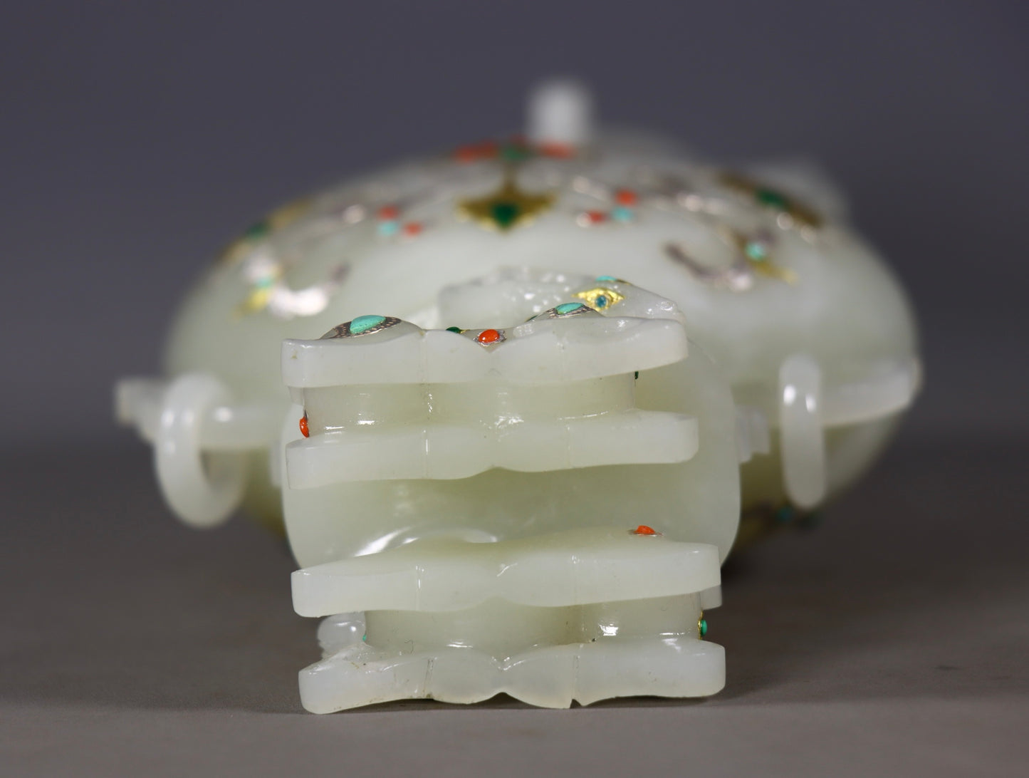 A2425 Exquisite Chinese Hetian Jade Inlay Silver Wires & Gem Double Ear Vase