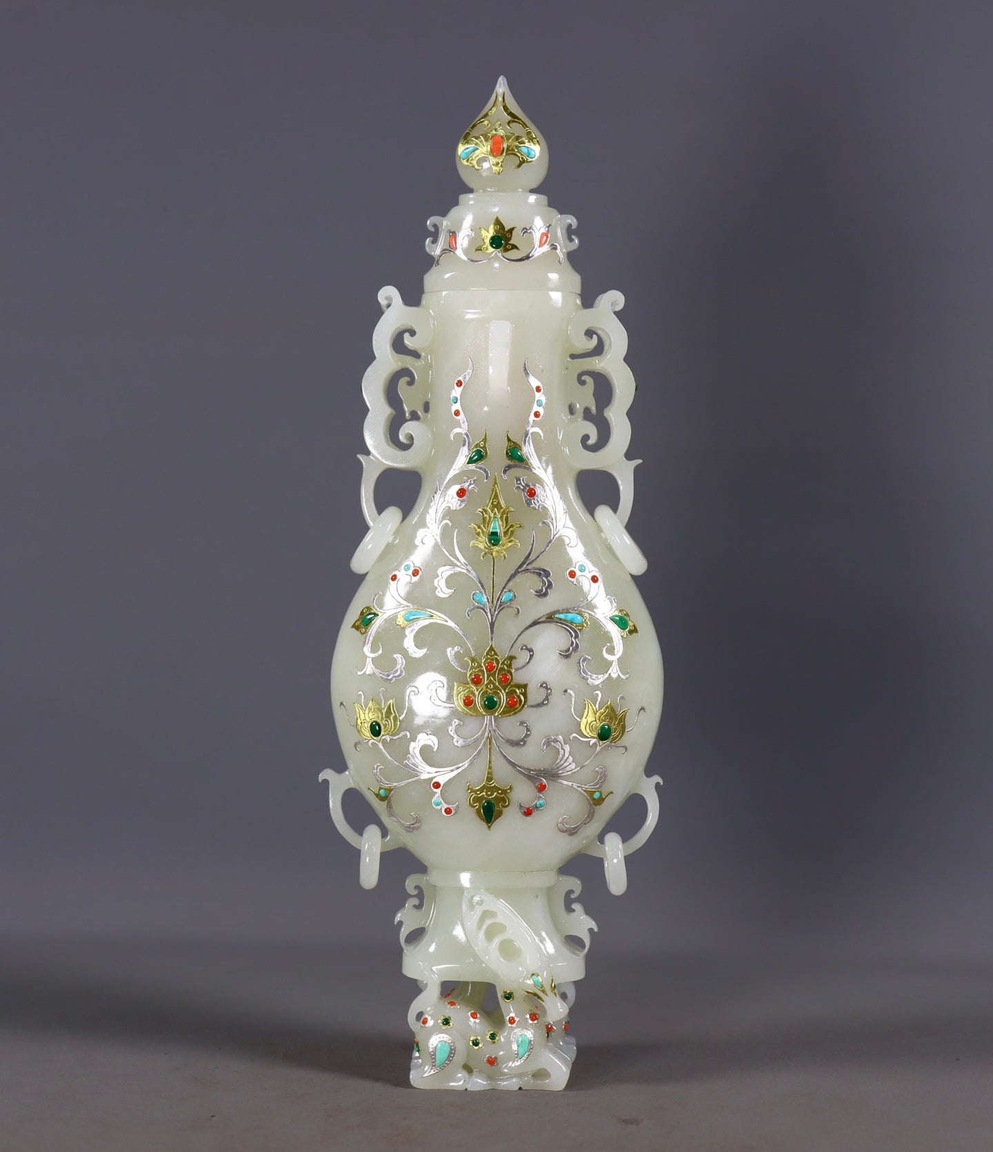 A2425 Exquisite Chinese Hetian Jade Inlay Silver Wires & Gem Double Ear Vase
