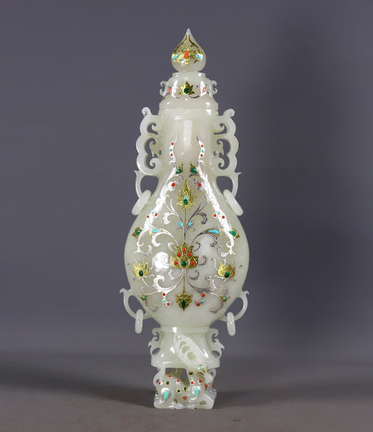 A2425 Exquisite Chinese Hetian Jade Inlay Silver Wires & Gem Double Ear Vase
