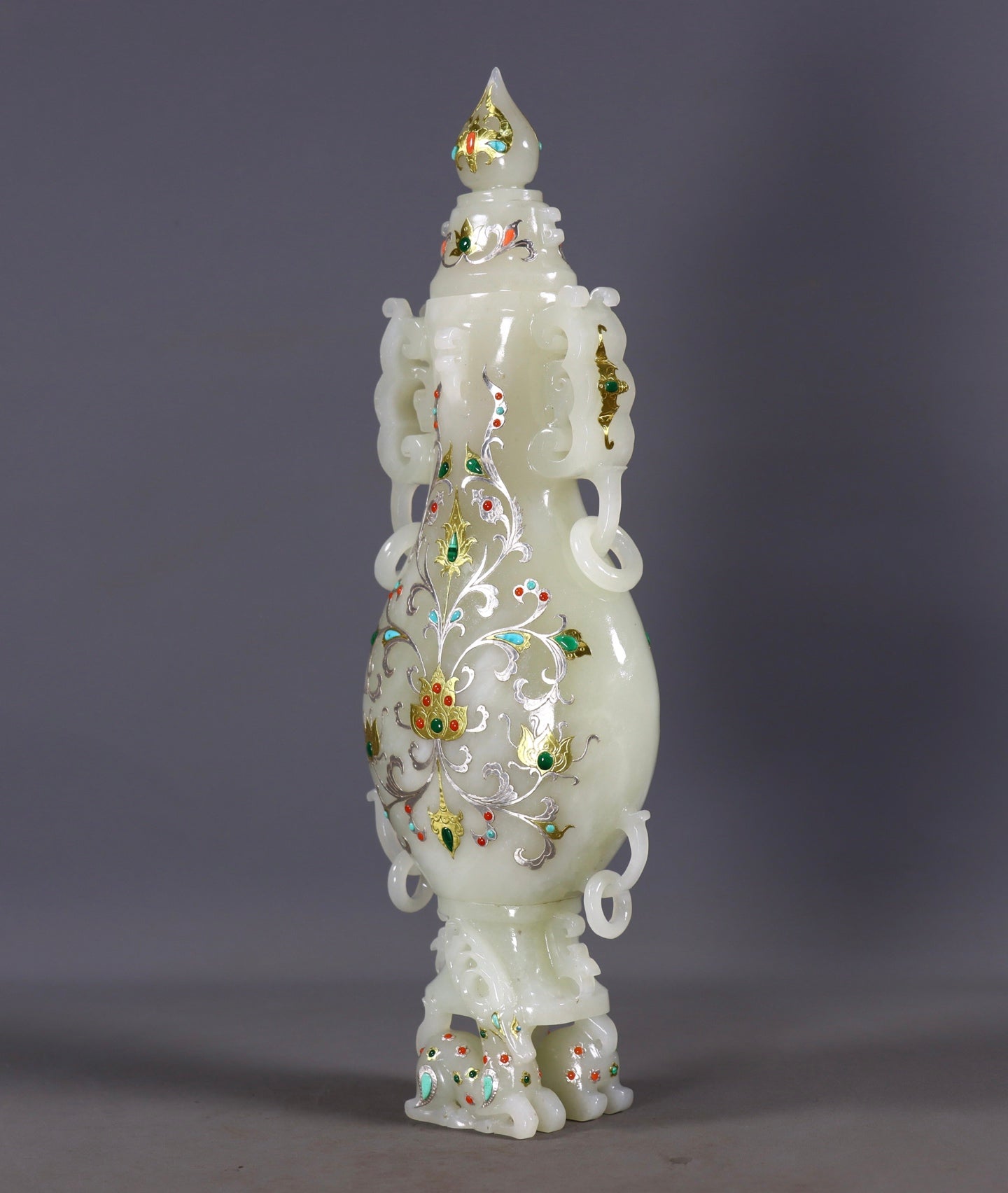 A2425 Exquisite Chinese Hetian Jade Inlay Silver Wires & Gem Double Ear Vase