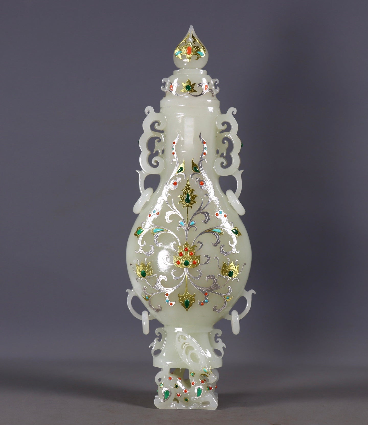 A2425 Exquisite Chinese Hetian Jade Inlay Silver Wires & Gem Double Ear Vase
