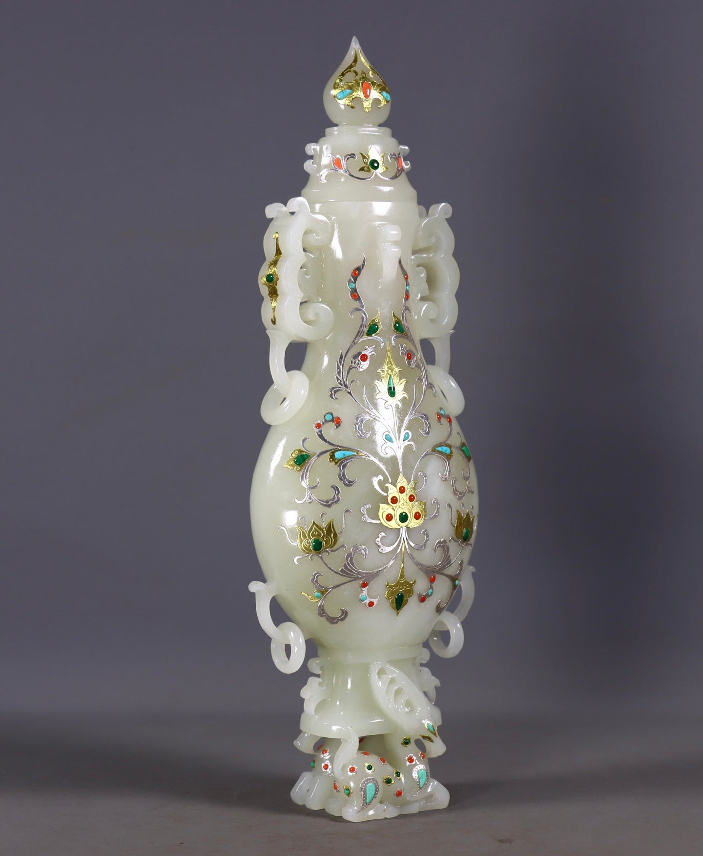 A2425 Exquisite Chinese Hetian Jade Inlay Silver Wires & Gem Double Ear Vase