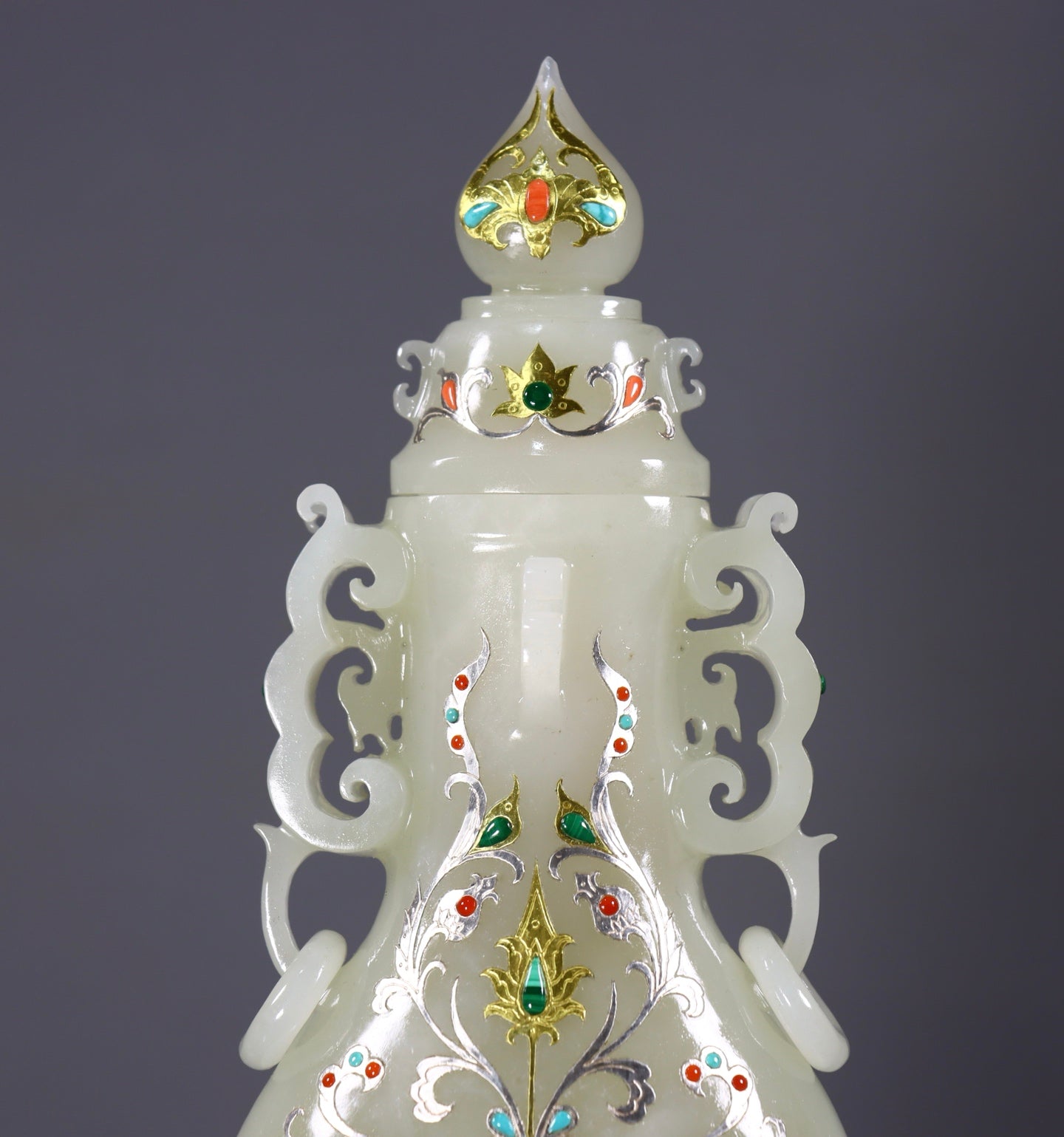 A2425 Exquisite Chinese Hetian Jade Inlay Silver Wires & Gem Double Ear Vase