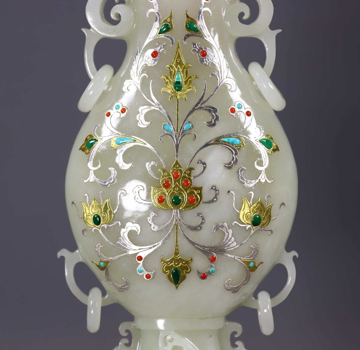 A2425 Exquisite Chinese Hetian Jade Inlay Silver Wires & Gem Double Ear Vase