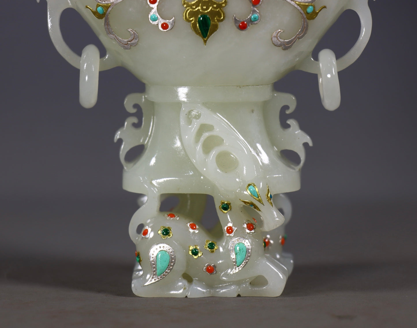 A2425 Exquisite Chinese Hetian Jade Inlay Silver Wires & Gem Double Ear Vase