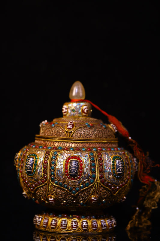 A2433 Tibetan Silver Wires Inlay DZI Agate & Shell & Gems & Crystal Pot