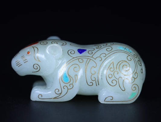 A2443 Chinese White Hetian Jade Inlay Silver Wires Fortune Beast Statue