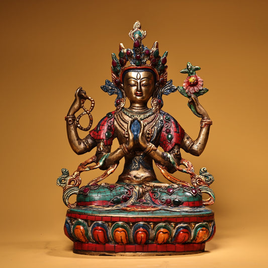 A2444 Tibetan Buddhism Gilt Gold Copper Inlay Turquoise & Gems Four Arm Kwan-yin Statue