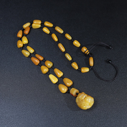 A2447 Superb Chinese Tianhuang Stone Carved Fortune Lion Beads Pendant w Hand Woven Beads Necklace