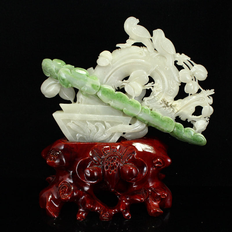 Chinese Hetian Jade Statue w Bird, Ruyi in Basket & Certificate