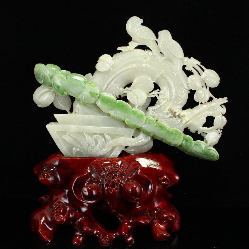 Chinese Hetian Jade Statue w Bird, Ruyi in Basket & Certificate