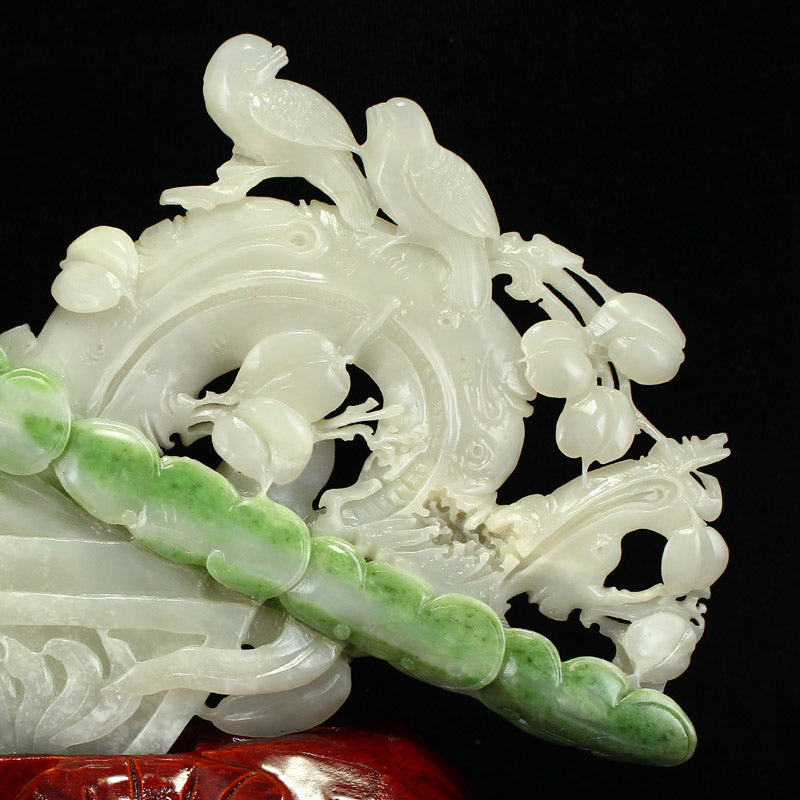 Chinese Hetian Jade Statue w Bird, Ruyi in Basket & Certificate