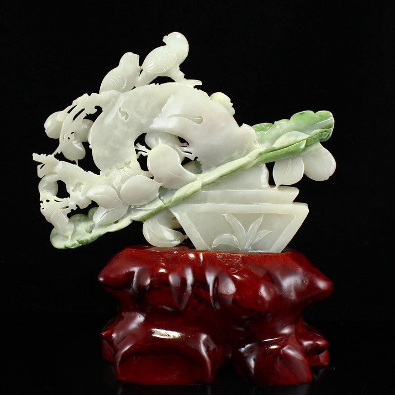 Chinese Hetian Jade Statue w Bird, Ruyi in Basket & Certificate