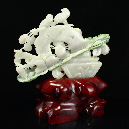 Chinese Hetian Jade Statue w Bird, Ruyi in Basket & Certificate