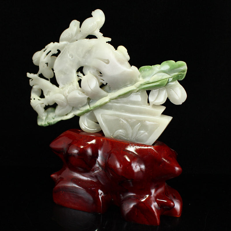 Chinese Hetian Jade Statue w Bird, Ruyi in Basket & Certificate