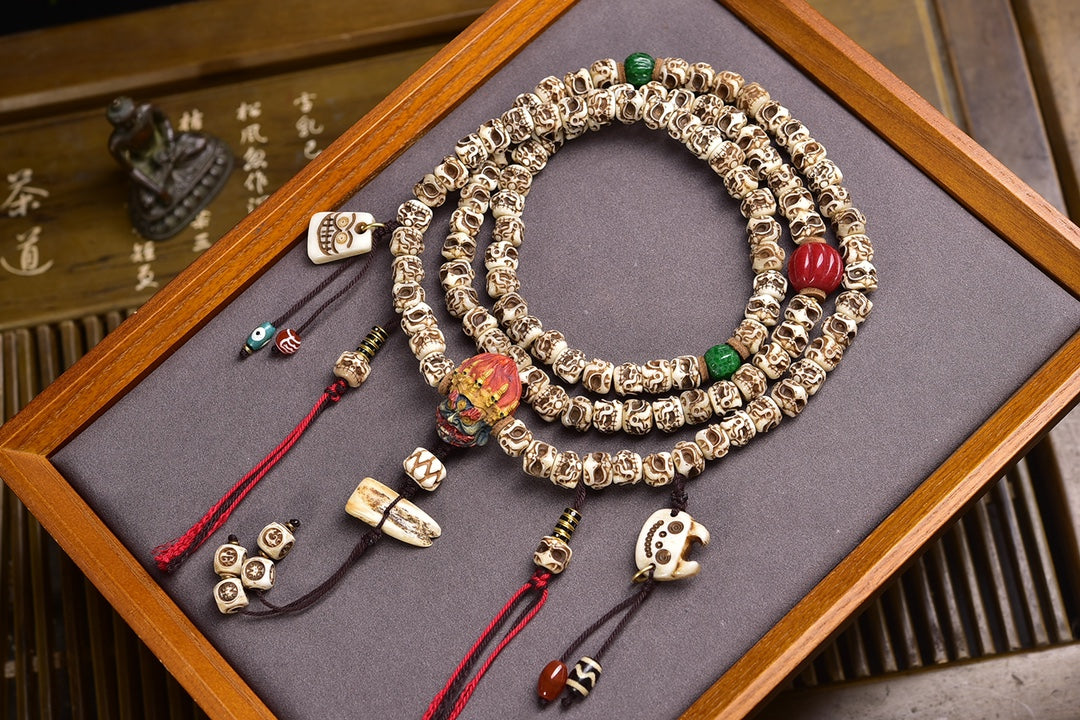 Old Tibetan Bone Carved Skull Bead Necklace / Bracelet w a pouch