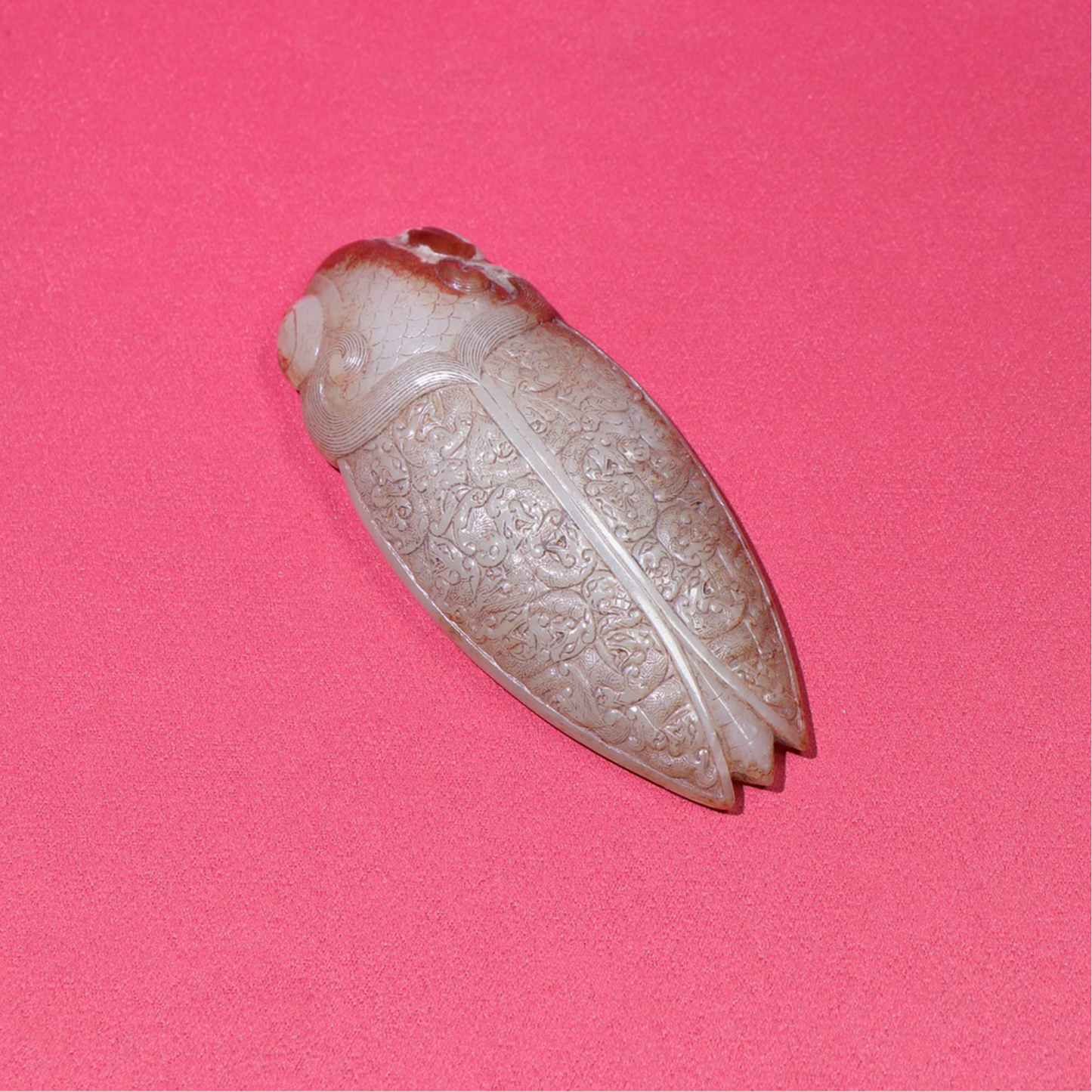 Antique Chinese Hetian Jade Cicada Pendant w Chi Dragon Patterns