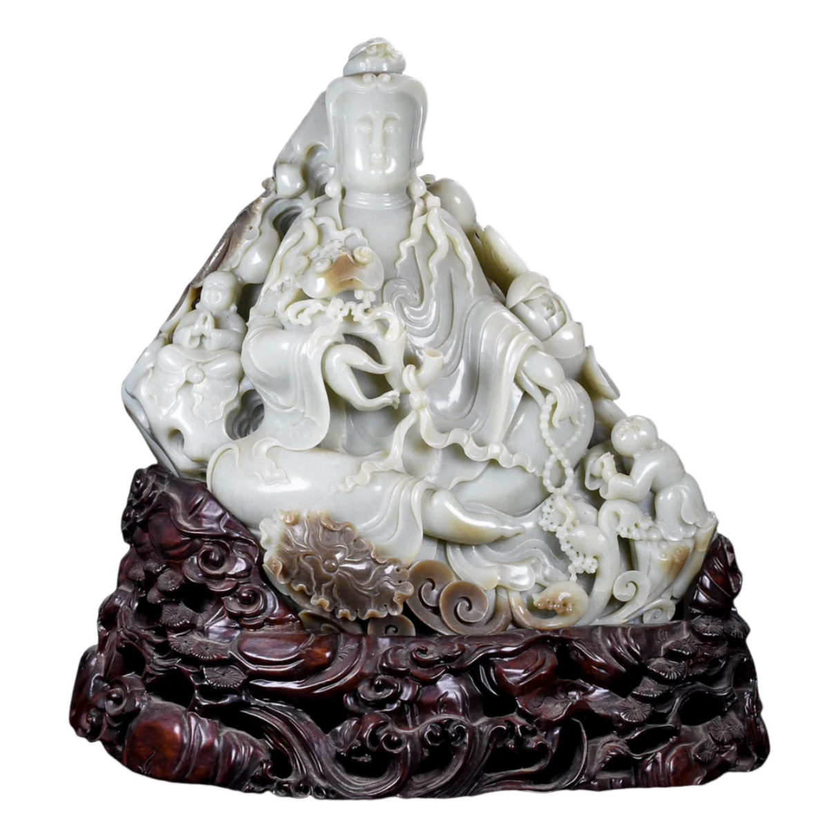 A0074 High Quality Chinese Natural Hetian Jade Carved Ruyi Kwan-yin & Kid Statue