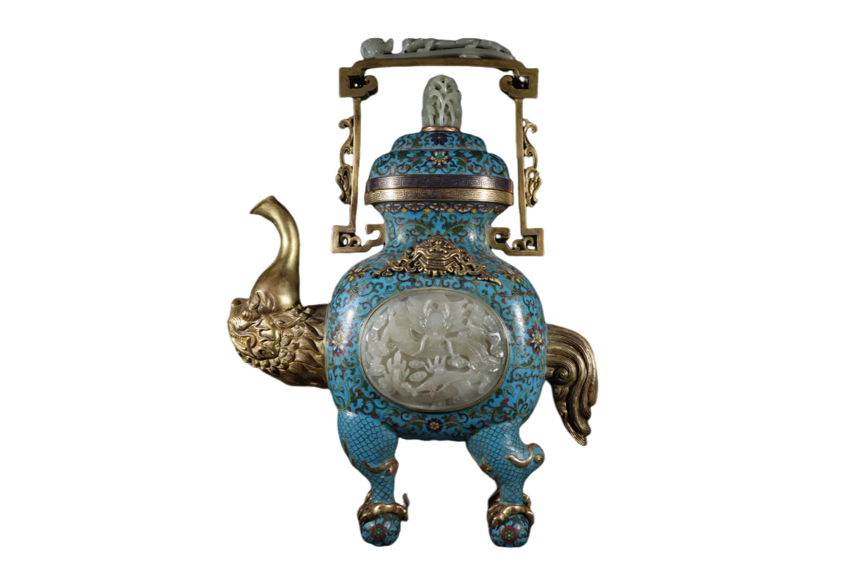 A0195 High Quality Chinese Qing Dynasty Gilt Gold Bronze Cloisonne Inlay Hetian Jade Dragon Head Handle Big Teapot