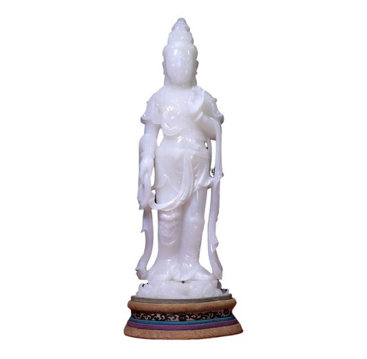 A0050 High Quality Chinese Qing Dynasty White Hetian Jade Carved Kwan-yin Statue