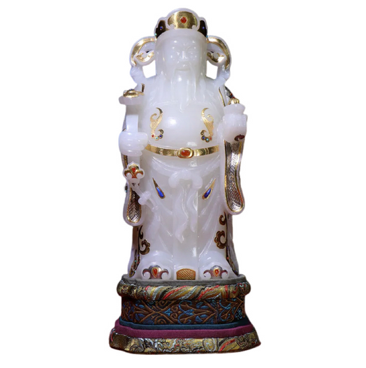 A0094 Superb Chinese White Hetian Jade Inlay Gold & Silver,Lapis Lazuli,Turquoise,Red Agate Fortune Taoism Deity Statue