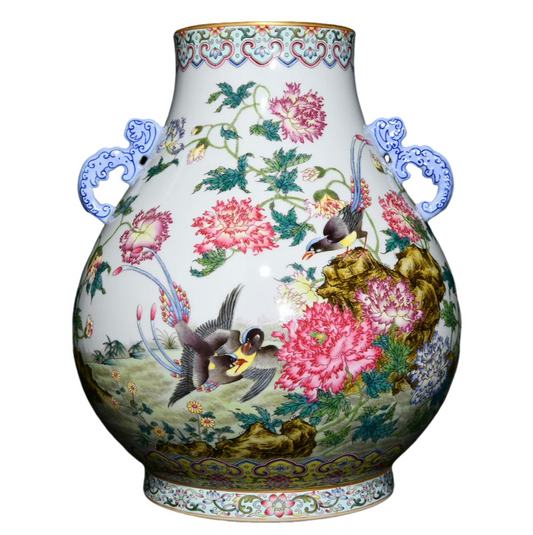 A0211 Chinese Gilt Edge Famille Rose Flower Bird Design Double Ears Porcelain Vase
