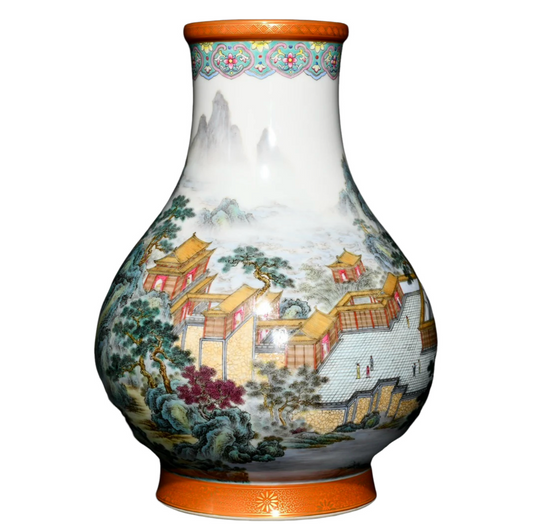 A1396 Chinese Qing Dynasty Gilt Edge Famille Rose Mountain River Scene Design Porcelain Vase