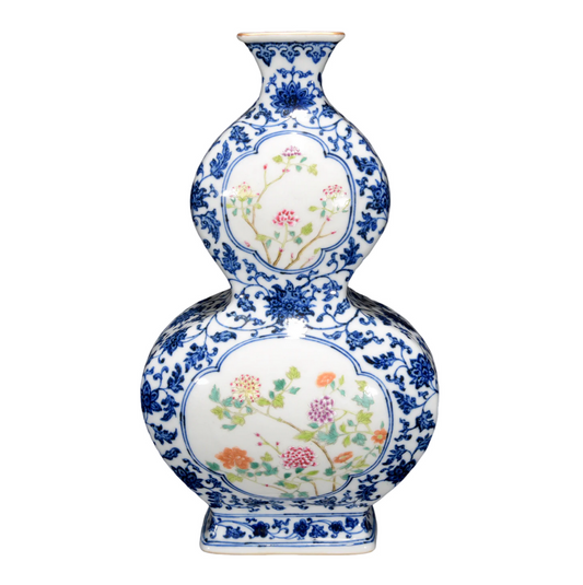A1386 Chinese Qing Dynasty Blue And White Porcelain Flowers Design Gourd Porcelain Vase