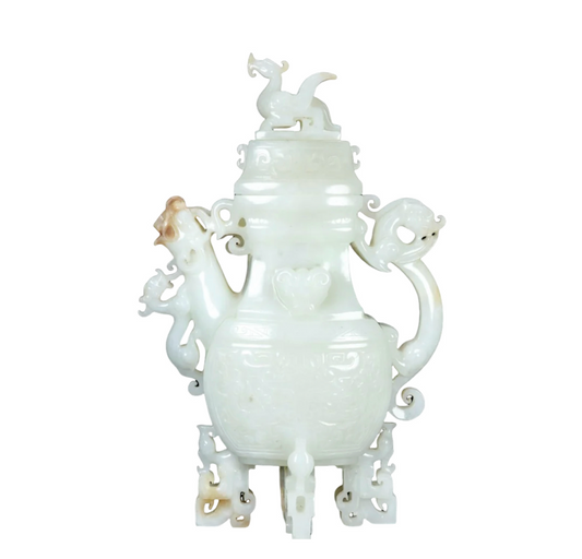 A1382 High Quality Chinese Hetian Jade Carved Fortune Dragon Wine Pot