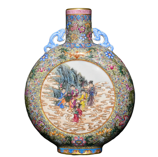 A1378 Chinese Qing Dynasty Gilt Edge Famille Rose Figures Design Double Ear Porcelain Vase