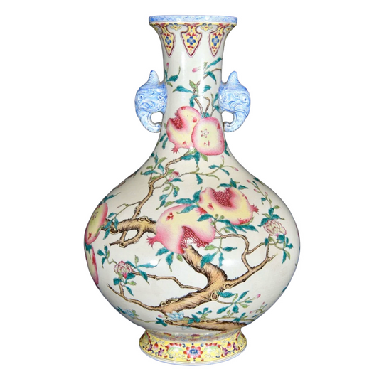 A1369 Chinese Qing Dynasty Gilt Edge Famille Rose Pomegranate Design Porcelain Vase