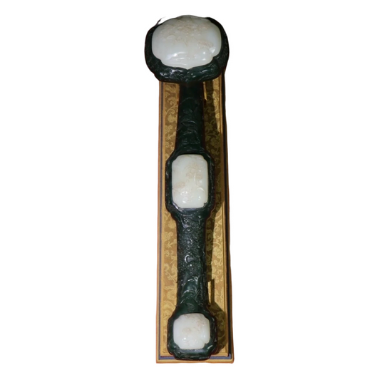 A0994 Superb Chinese Green Hetian Jade Inlay White Hetian Jade Ruyi Scepter