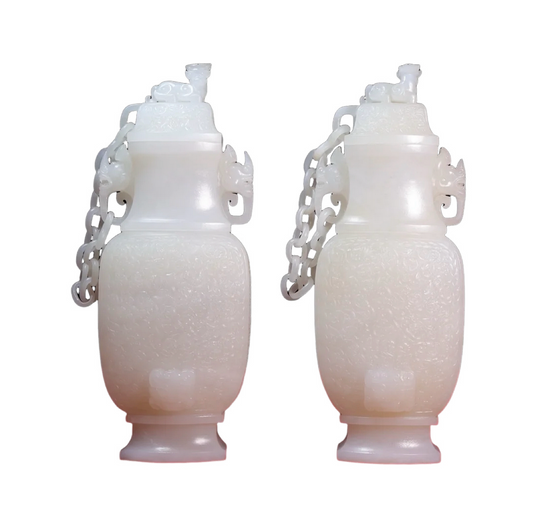A1401 A Pair High Quality Chinese White Hetian Jade Vases
