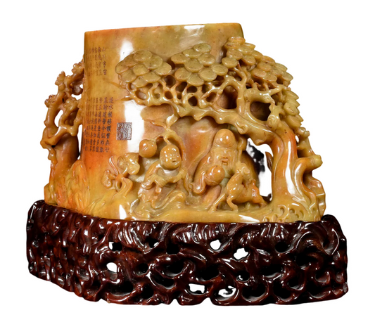 A1591 Vintage Chinese Hetian Jade Carved Pine Tree & Figure Brush Pot Statue