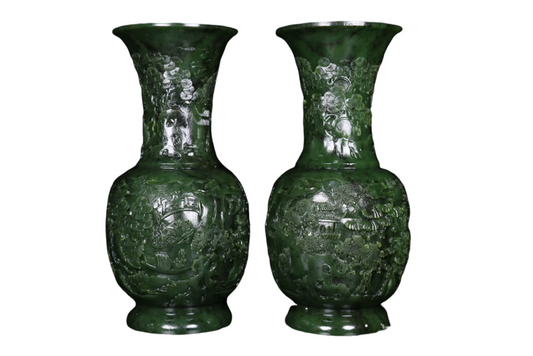 A0103 A Pair Chinese Green Hetian Jade Low Relief Pine Tree & Figure Design Vase