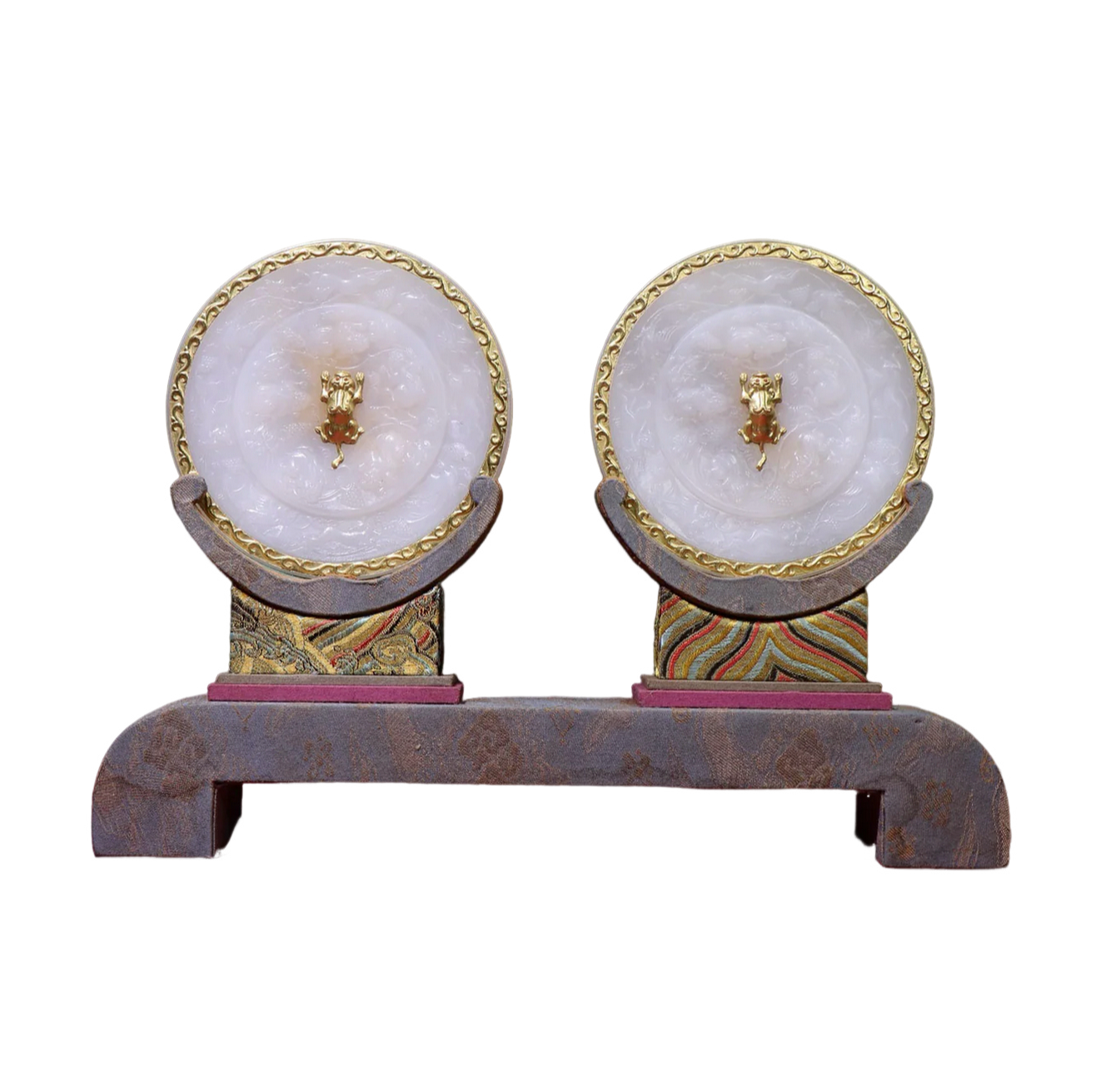 A0283 A Pair Chinese Gilt Gold-plated Silver White Hetian Jade Mirror