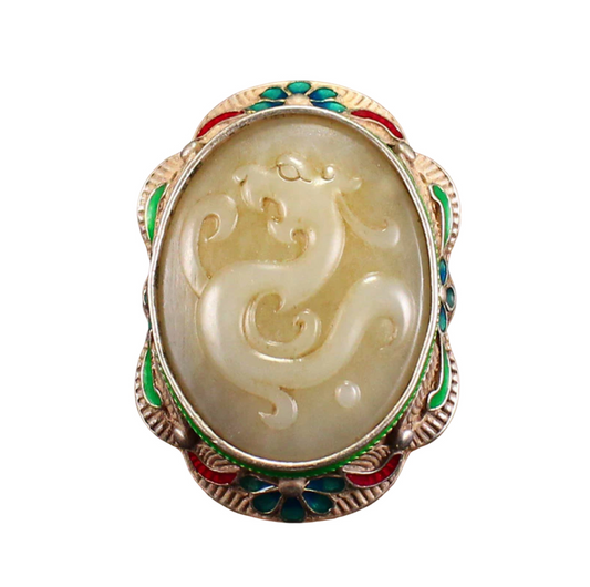 Vintage Chinese Silver Inlay Hetian Jade Belt Buckle