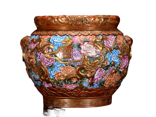A1647 Chinese Qing Dynasty Gilt Gold Famille Rose Enamel Low Relief Fortune Dragon Design Porcelain Jar