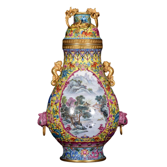 A1268 Chinese Qing Dynasty Gilt Gold Famille Rose Enamel Mountain River Scene Design Porcelain Pot