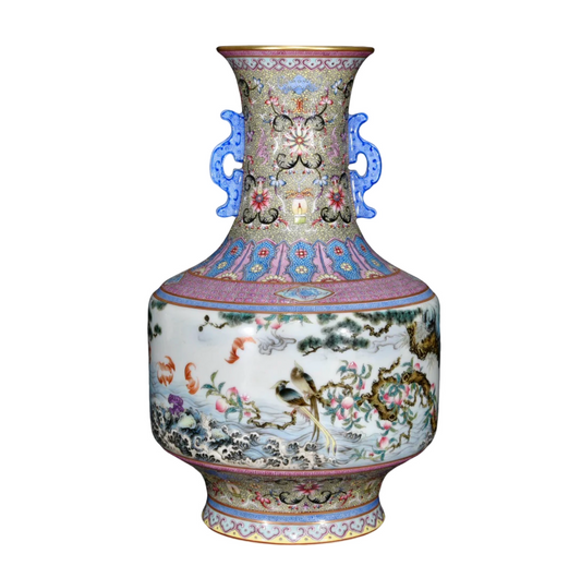 A1008 Chinese Qing Dynasty Gilt Gold Famille Rose Enamel Flowers Bird Design Porcelain Vase