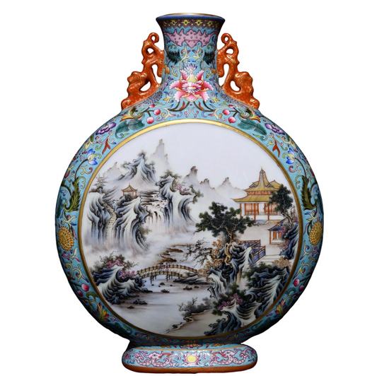 A0673 Chinese Gilt Edge Famille Rose Mountain River Scene Design Porcelain Vase